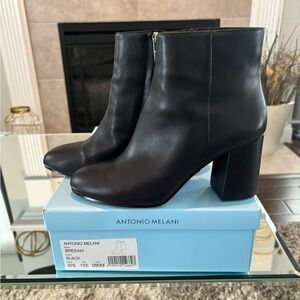 ANTONIO MELANI Black Leather Block Heel Ankle Booties